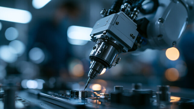 Robotic Arm Assembling Circuit Board in High Tech Factory
