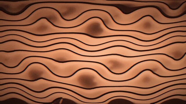 Brown sepia layered strata with striped op art distortion and grainy depth for seamless loop motion backgrounds, titles, and screensavers.
