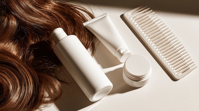Elegant display of hair repair products on clean surface with healthy hair strands in bright studio lighting Generative AI