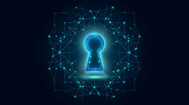 Cybersecurity concept for digital twin and smart manufacturing with glowing keyhole icon representing secure data access network protection and industrial internet of things security.