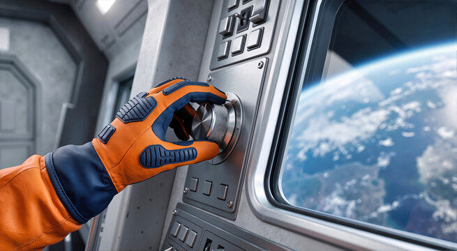 Astronaut in orange and navy gloved hand adjusting metallic dial on spacecraft control panel. View of Earth from spaceship window in orbit, space exploration mission and technology concept