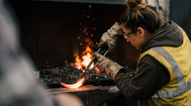 Female blacksmith forge hot metal in workshop