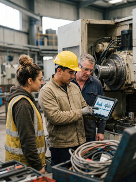 Engineer Inspecting a Machine with Tablet