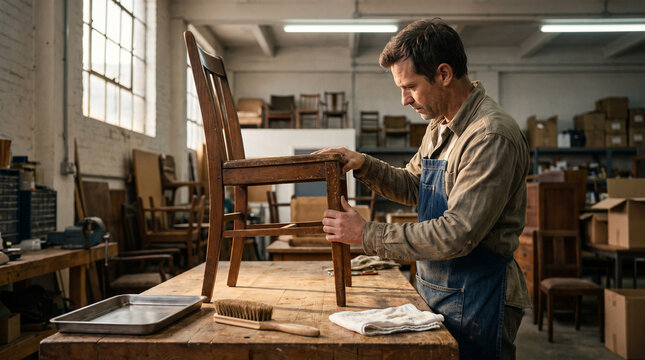 Craftsperson grades a wooden chair for second life