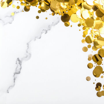 Gold confetti marble background festive border golden decoration creates elegant New Year celebration frame with clean copy space and luxurious party atmosphere for seasonal new year concept