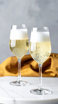Sparkling wine in elegant glasses with golden tablecloth and marble surface creating festive celebration scene new year concept