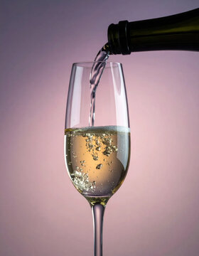 Sparkling wine pouring into glass with bubbles against pink background new year concept