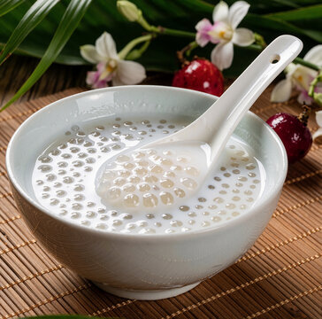 Creamy Coconut Sago Pudding with Tapioca Pearls in White Ceramic Bowl