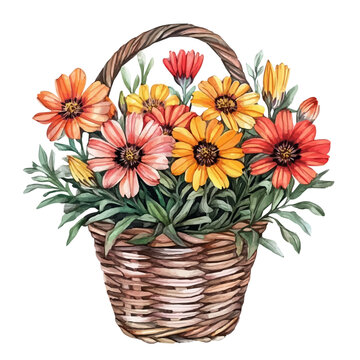 watercolor of Gazania Bouquet In A basket graphic, isolated on a white background.