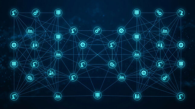 Digital Twin network visualization representing smart manufacturing processes with interconnected glowing nodes and complex cyber physical data pathways on a dark blue futuristic background.