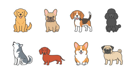 Obraz premium Cute Dog Breeds Cartoon Illustration Set with Golden Retriever French Bulldog Beagle Poodle Husky Dachshund Corgi and Pug