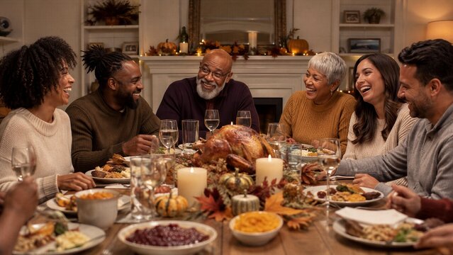 Diverse group of happy friends and family members enjoy a traditional Thanksgiving dinner together around a table filled with roasted turkey and autumn decorations.