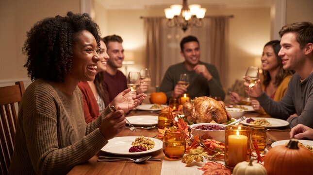 Diverse group of happy friends enjoys a traditional Thanksgiving dinner featuring roasted turkey and autumn decorations around a wooden table.