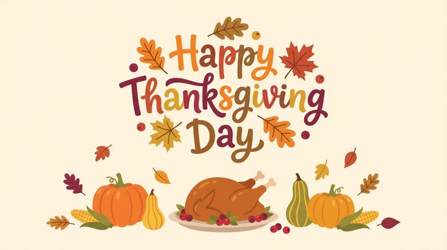 Festive autumn illustration featuring roasted turkey, pumpkins, and colorful fall leaves with the text Happy Thanksgiving Day on a cream background.