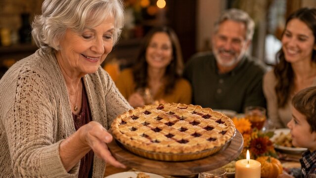 Happy grandmother presents a delicious lattice crust fruit pie to her family during a warm Thanksgiving dinner celebration at home.