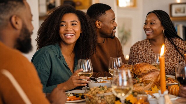 Group of happy Black friends enjoy a festive Thanksgiving dinner with roasted turkey and wine in a cozy home setting.
