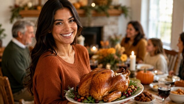 Happy woman holds a large roasted turkey on a platter during a festive Thanksgiving dinner with her family in a cozy dining room.