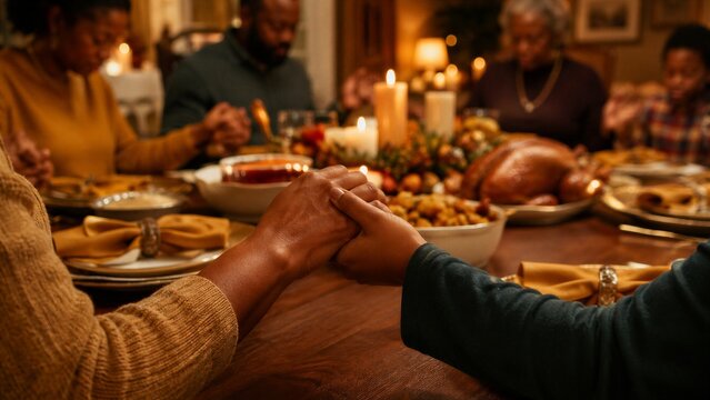 Multi-generational Black family holds hands in prayer around a festive Thanksgiving dinner table filled with roasted turkey and warm candlelight.
