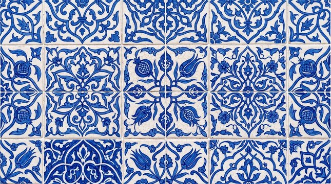 Traditional Blue and White Ceramic Tiles Pattern Background