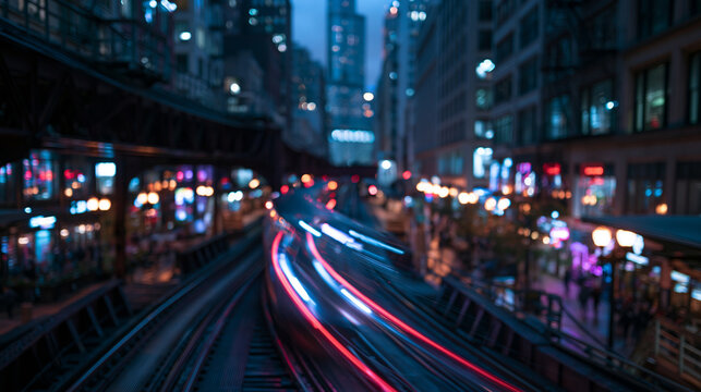 Motion Blur of Train Moving on Elevated Railway at Night