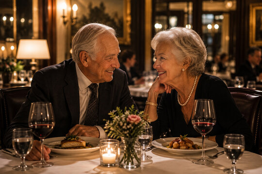 Happy senior couple enjoying romantic dinner date in elegant restaurant