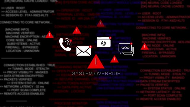 System override cyber security alert featuring red warning and digital data stream code background, for advanced network, breach detection, hacking, threat simulation, and, global information