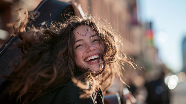 Joyful Young Musician Woman Laughing Outdoors with Guitar Case