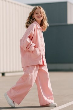 Cheerful girl walks in modern kids fashion outdoors in oversized jacket and wide-leg trousers under bright daylight Generative AI