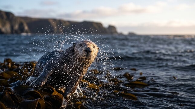 Sea Otter Shaking Off Water Spray in Ocean Kelp