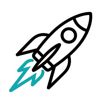 Simple rocket ship icon flying with blue exhaust flame