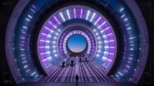 Futuristic Circular Tunnel with High Speed Transit Trains