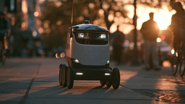 Autonomous Delivery Robot Navigating City Sidewalk at Sunset