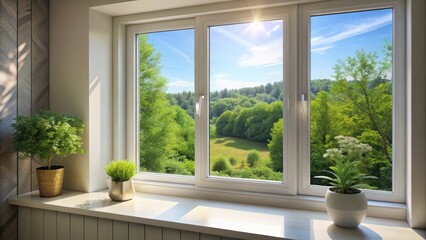 Fototapeta premium Plastic window indoors view from left to top