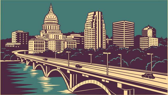 Austin skyline vector with capitol and river bridge