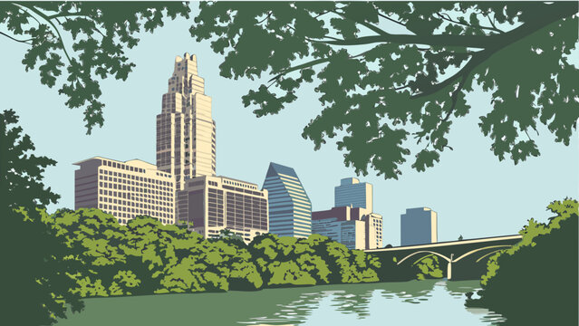 Austin skyline vector featuring modern buildings and river view
