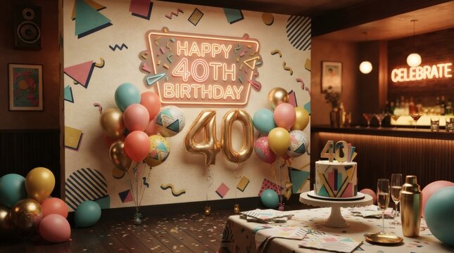 Retro 80s 90s Memphis Style 40th Birthday Party Backdrop with Gold Foil Balloons and Cake