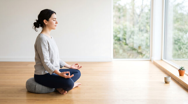 Serene woman practicing mindfulness meditation on cushion in bright minimalist studio near window