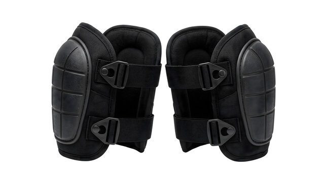 Professional black knee pads for construction work. Heavy duty protective gear for flooring and tiling. Industrial safety equipment.
