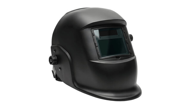 Professional black welding helmet, industrial protective headgear for metalwork, matte safety mask for welders on white background