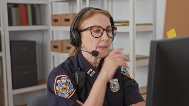 Woman police officer at computer wearing headset and microphone, hand on chin while studying a monitor and radio in a control building; concentration.