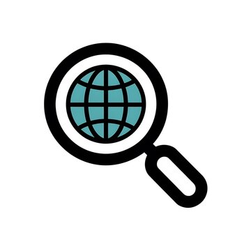 Magnifying glass icon with blue and green globe inside