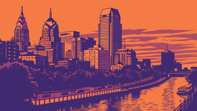 Philadelphia skyline vector at sunset with river reflection