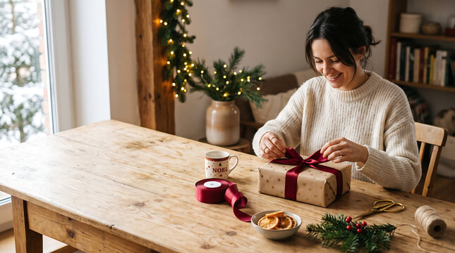 Smiling Young Woman Wrapping a Christmas Present with Red Ribbon on a Rustic Wooden Table at Home