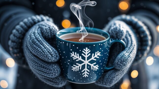 A close-up view of a person gently holding a modern blue ceramic mug decorated with an elegant white snowflake pattern, wearing thick grey knitted wool gloves to protect their hands from the cold wind