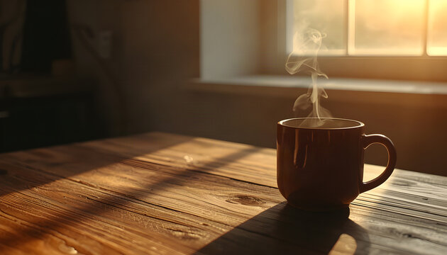 Warm cup of coffee with steam on a rustic wooden table in a cozy morning atmosphere