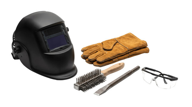 Professional welding equipment set, industrial protective gear with mask and leather gloves, metalworking tools on white background