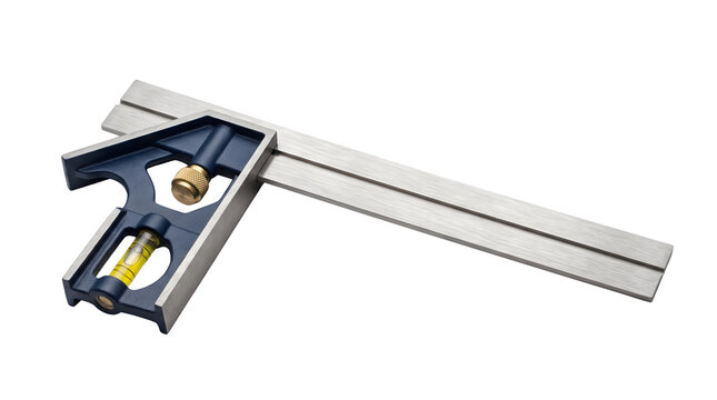 Professional combination square tool with spirit level. Metal carpentry ruler for precision measurement. Adjustable steel try square for woodworking.