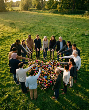 Diverse group of people standing in a circle around a floral heart with teamwork