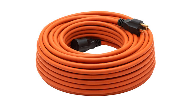 Orange extension cord coil with black plugs. Heavy duty electrical power cable for construction. Long industrial wire on white background.