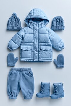 Toddler winter clothing set on light gray background with padded jacket, hat, mittens, trousers, and boots arranged together Generative AI